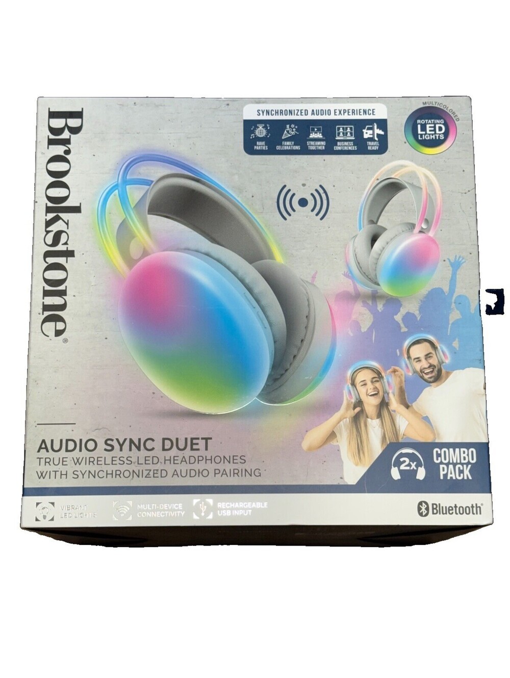 Brookstone Audio Sync Duet Wireless LED Headphones 2-Pack Bluetooth Over-Ear